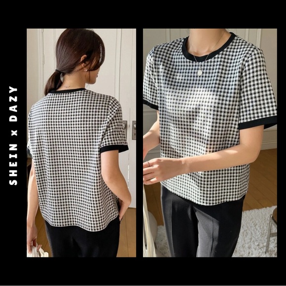 dazy • black & white plaid checkered short sleeve top - Picture 2 of 14